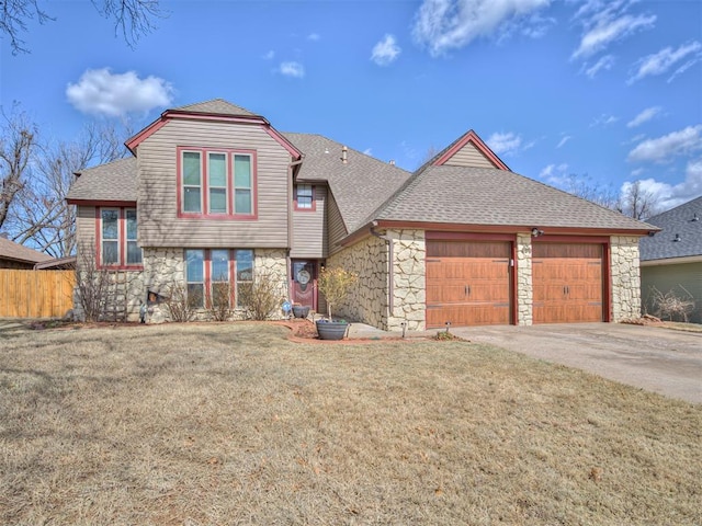 view of front facade featuring an attached garage, stone siding, roof with shingles, and concrete driveway