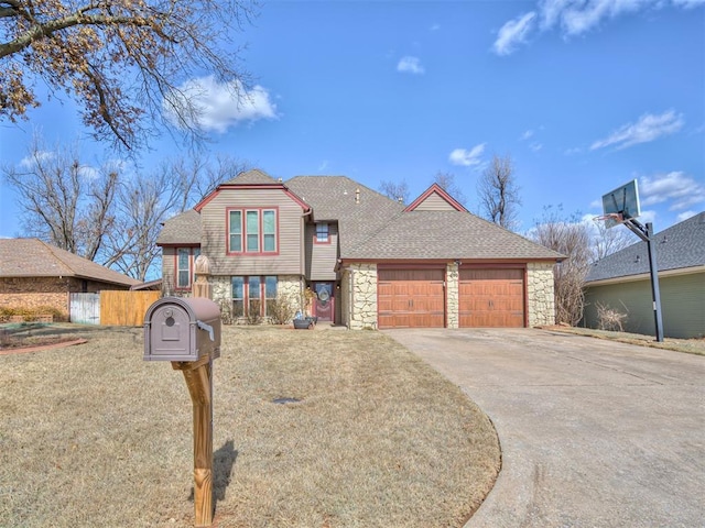 view of front of house with a shingled roof, stone siding, and driveway