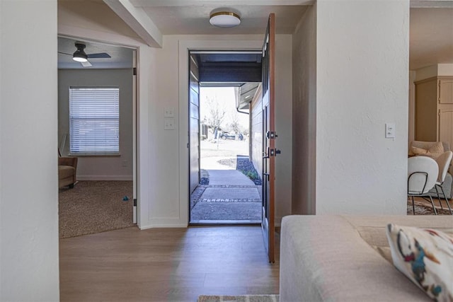 foyer featuring a textured wall, baseboards, ceiling fan, and wood finished floors