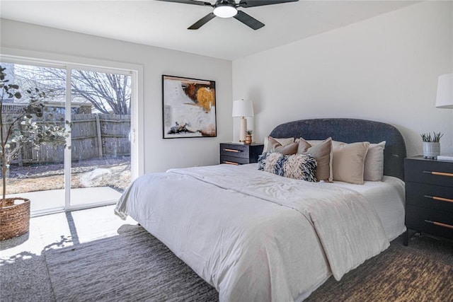 bedroom with access to exterior and ceiling fan