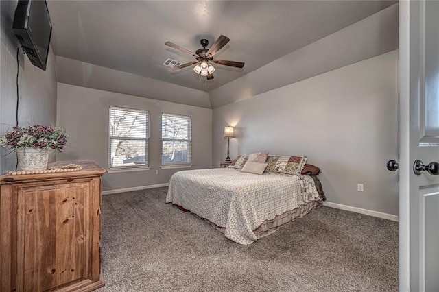 bedroom with carpet floors, a ceiling fan, visible vents, and baseboards