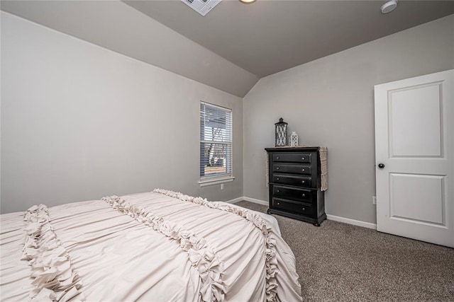 bedroom featuring carpet floors, lofted ceiling, visible vents, and baseboards