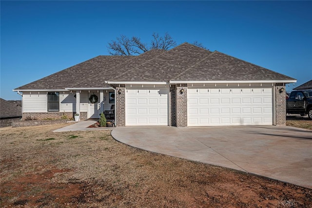 ranch-style house featuring concrete driveway, brick siding, and roof with shingles