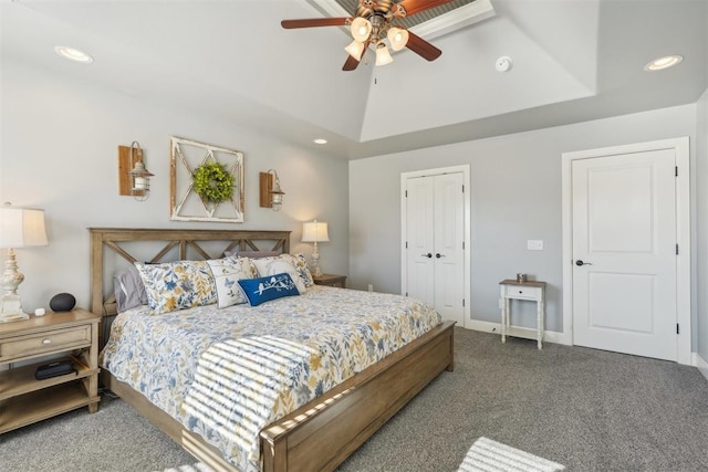 bedroom with a closet, vaulted ceiling, carpet flooring, and recessed lighting