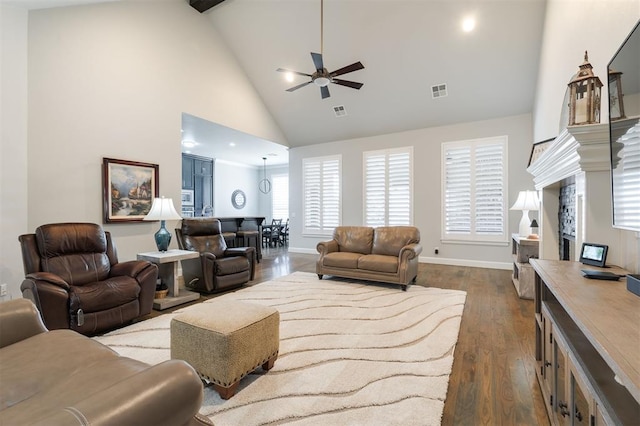 living area with baseboards, visible vents, high vaulted ceiling, and dark wood-type flooring