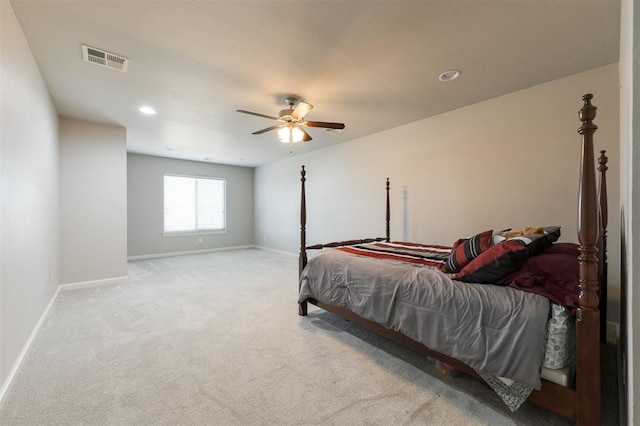 bedroom featuring ceiling fan, recessed lighting, visible vents, baseboards, and carpet