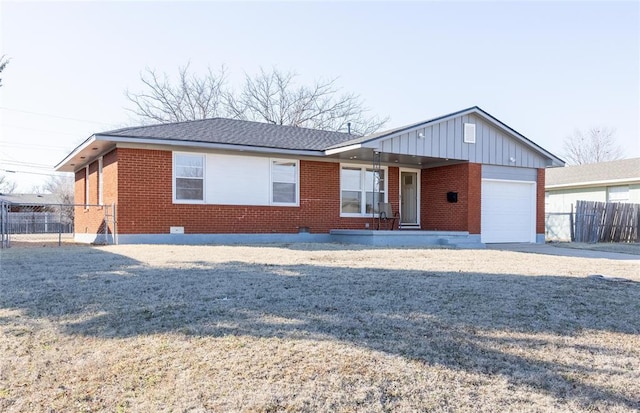 ranch-style house with a garage, brick siding, a shingled roof, fence, and driveway