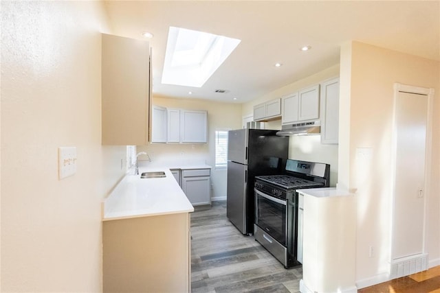 kitchen with a skylight, stainless steel appliances, light wood-style floors, a sink, and under cabinet range hood