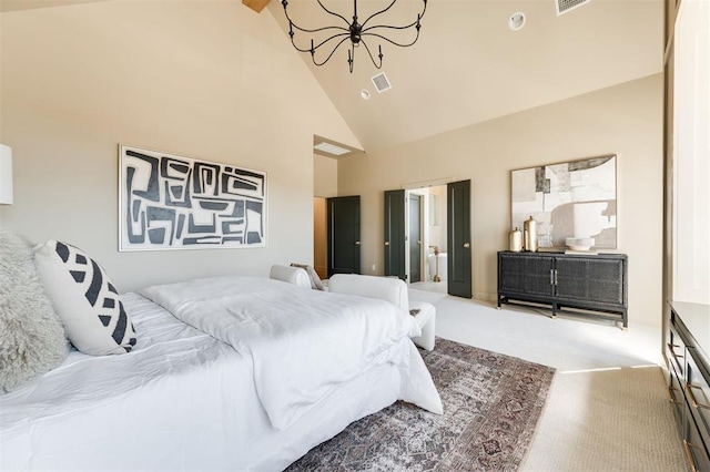 bedroom with high vaulted ceiling, carpet, and visible vents