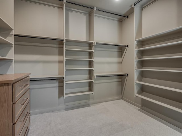 spacious closet featuring light colored carpet