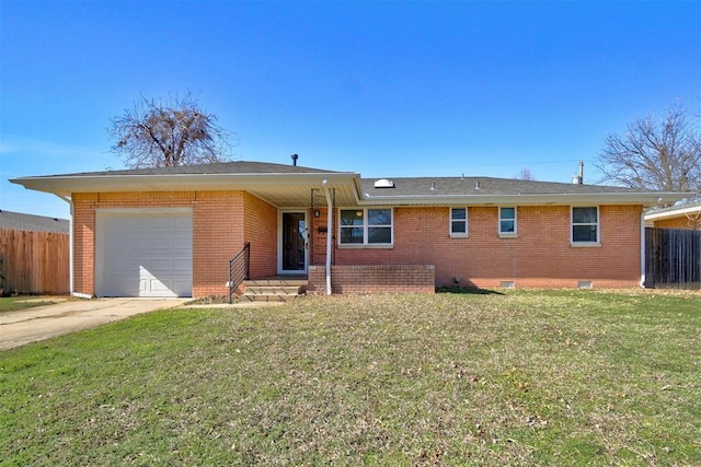 ranch-style house featuring a garage, fence, concrete driveway, crawl space, and a front yard