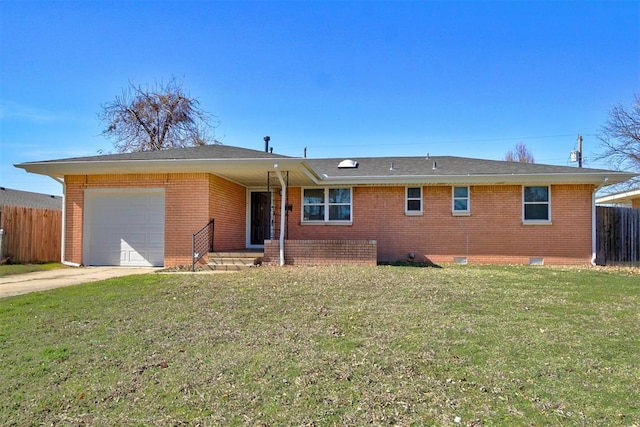 single story home featuring brick siding, crawl space, fence, a garage, and a front lawn