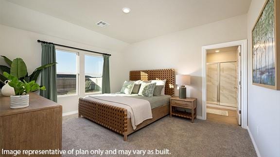 carpeted bedroom with recessed lighting, visible vents, connected bathroom, and baseboards