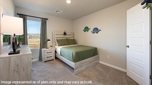 bedroom with light carpet, visible vents, and baseboards