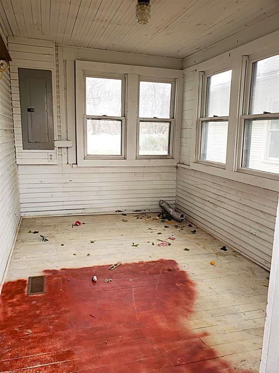 unfurnished sunroom with visible vents, wooden ceiling, and electric panel