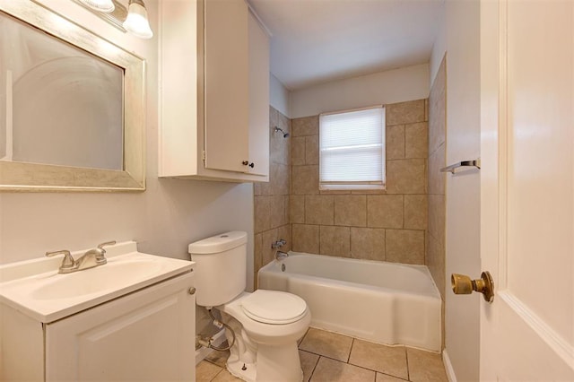 bathroom with toilet, shower / bath combination, tile patterned flooring, and vanity