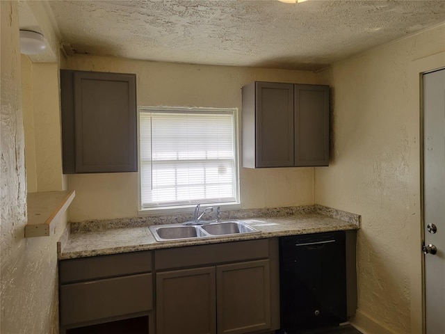 kitchen with black dishwasher, a textured ceiling, a sink, and a textured wall