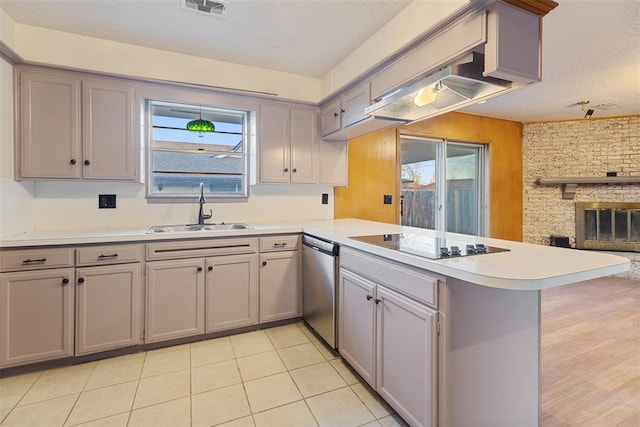 kitchen with dishwasher, a peninsula, black electric stovetop, light countertops, and a sink