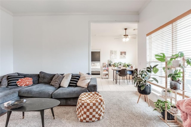 living room featuring carpet, tile patterned floors, a ceiling fan, and crown molding