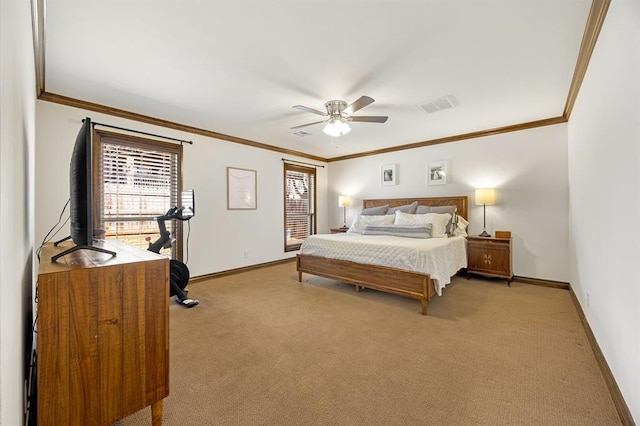 bedroom with visible vents, baseboards, light colored carpet, and crown molding