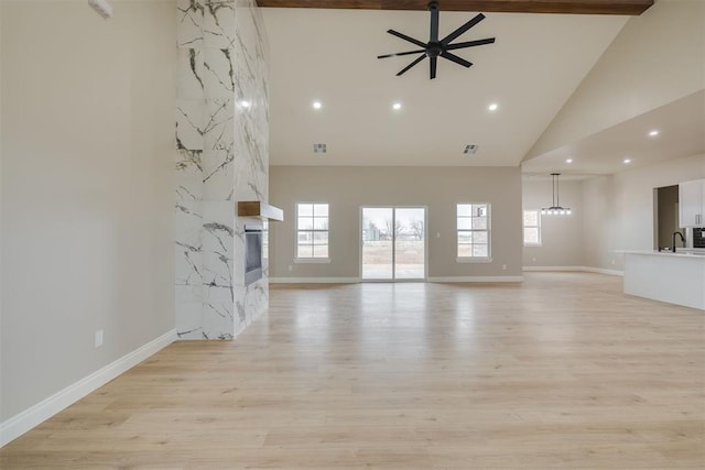 unfurnished living room featuring light wood-style flooring, a premium fireplace, ceiling fan, high vaulted ceiling, and a sink