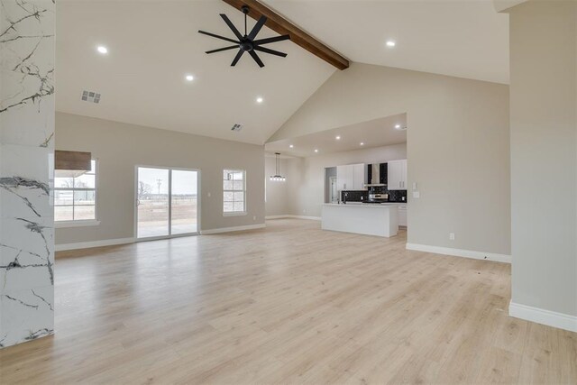 unfurnished living room with ceiling fan, high vaulted ceiling, baseboards, beam ceiling, and light wood finished floors