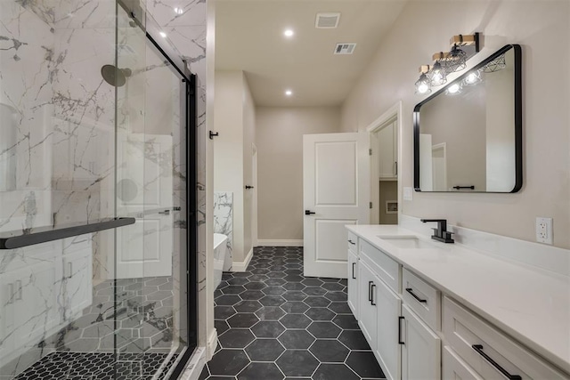 full bath with visible vents, vanity, a marble finish shower, tile patterned floors, and a tub