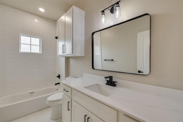 full bath with recessed lighting, toilet, tile patterned flooring, vanity, and shower / bathing tub combination