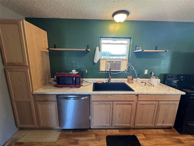 kitchen featuring light wood-style flooring, electric range, a sink, dishwasher, and open shelves