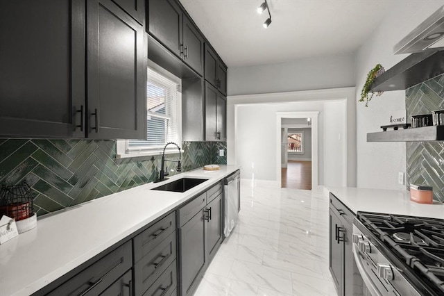 kitchen with decorative backsplash, appliances with stainless steel finishes, marble finish floor, open shelves, and a sink