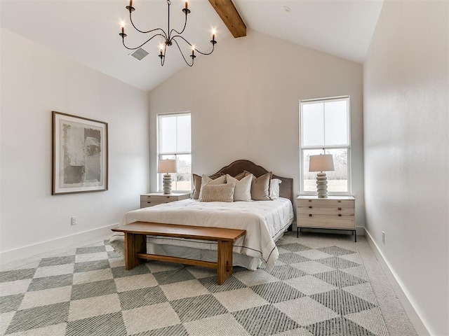 bedroom with baseboards, visible vents, light colored carpet, beamed ceiling, and a chandelier