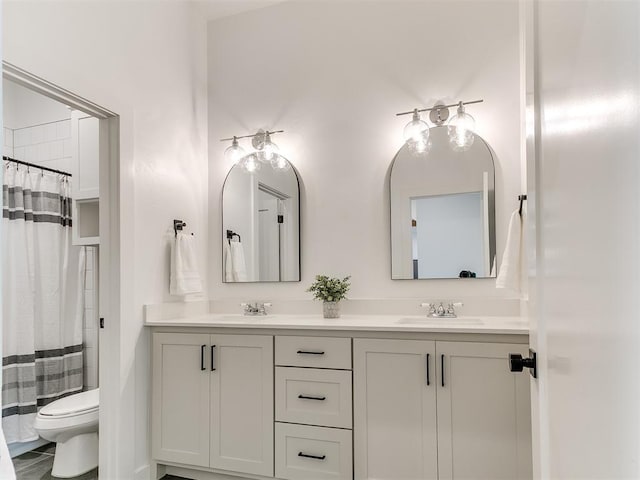 full bath featuring toilet, double vanity, and a sink