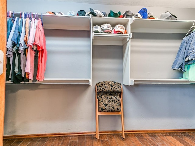 walk in closet with wood finished floors