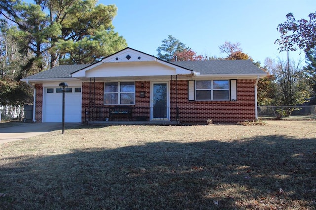 ranch-style home with a garage, driveway, fence, a front lawn, and brick siding