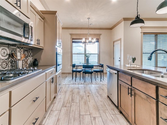 kitchen featuring tasteful backsplash, plenty of natural light, wood tiled floor, stainless steel appliances, and a sink