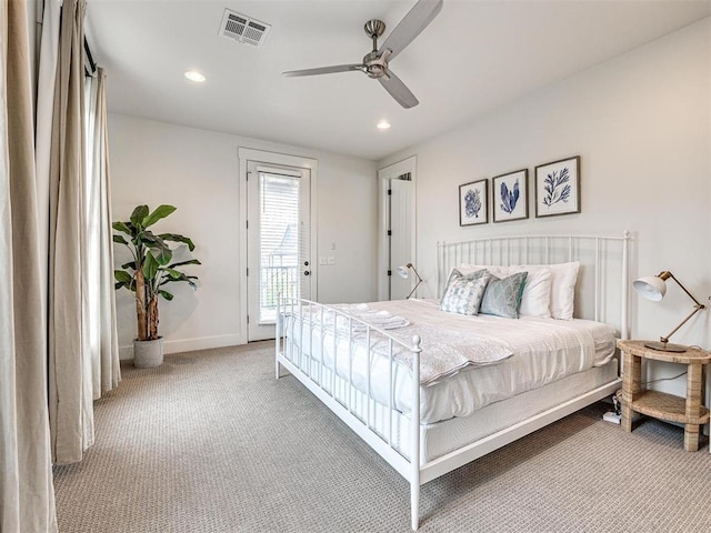 bedroom with ceiling fan, recessed lighting, visible vents, access to exterior, and carpet