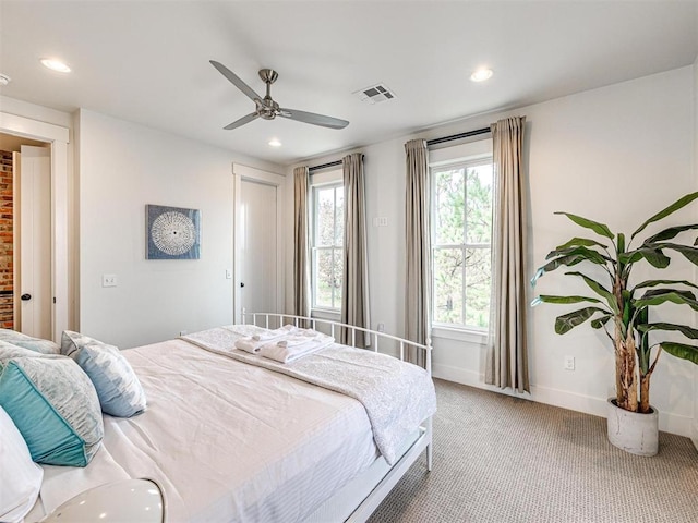 bedroom featuring recessed lighting, baseboards, visible vents, and carpet flooring