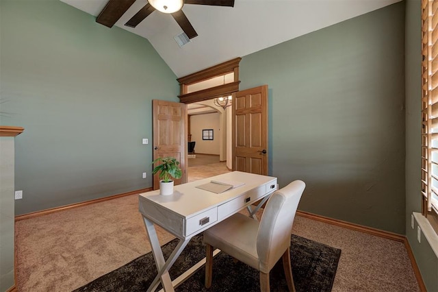 office space featuring baseboards, light carpet, lofted ceiling, and ceiling fan