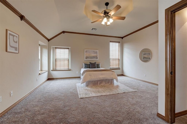 unfurnished bedroom with baseboards, carpet floors, visible vents, and crown molding