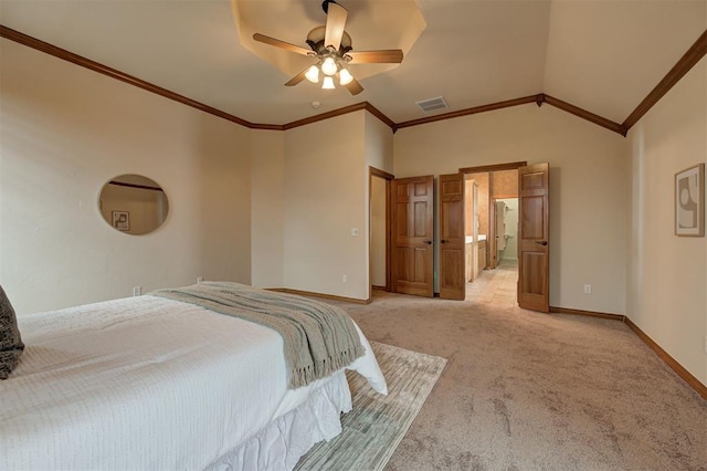 bedroom with light carpet, visible vents, crown molding, and lofted ceiling