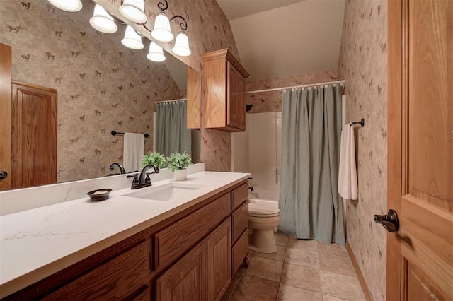 full bath featuring toilet, wallpapered walls, vanity, and shower / tub combo