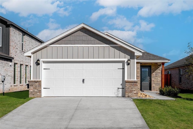 view of front of house with board and batten siding, concrete driveway, brick siding, and an attached garage