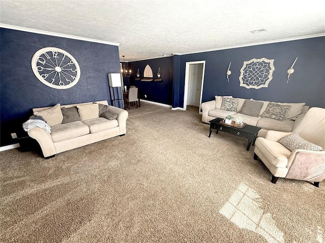 living room with carpet floors, a notable chandelier, crown molding, a textured ceiling, and baseboards