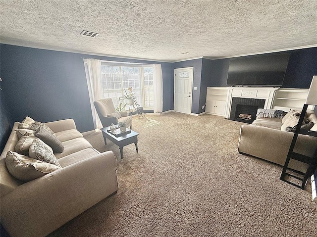 living room with visible vents, baseboards, light colored carpet, a fireplace with flush hearth, and a textured ceiling