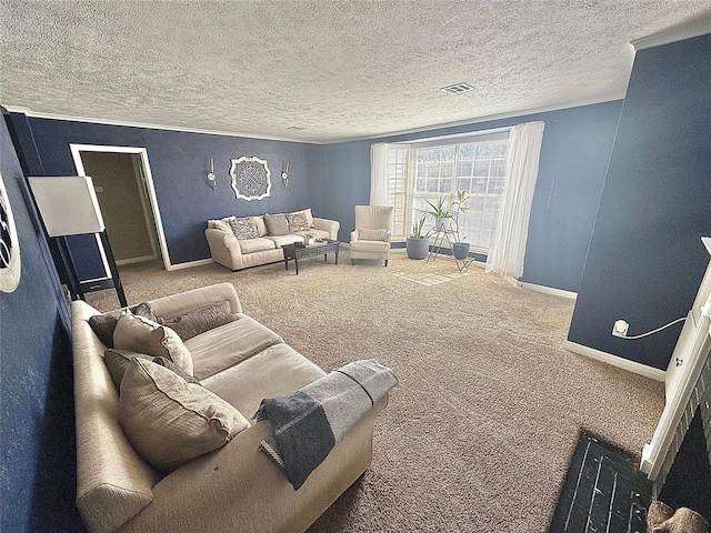 carpeted living room with visible vents, crown molding, a textured ceiling, and baseboards