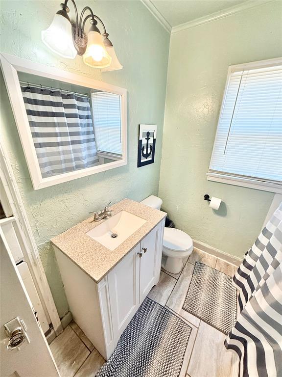 bathroom with toilet, a textured wall, crown molding, and vanity