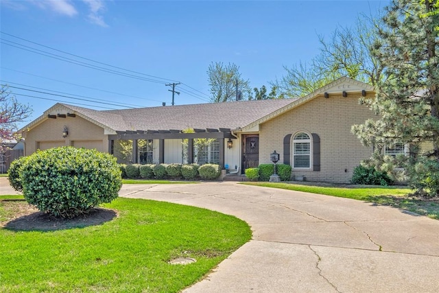 ranch-style house with driveway, a pergola, a front lawn, a garage, and brick siding