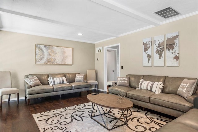 living area featuring visible vents, beam ceiling, ornamental molding, hardwood / wood-style floors, and baseboards