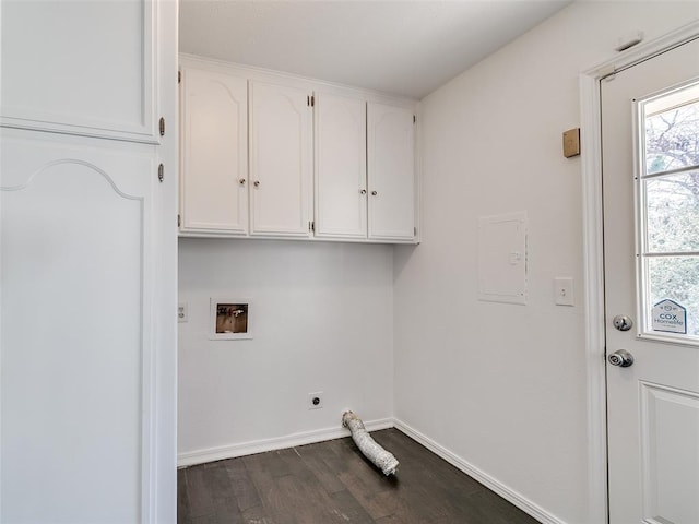 laundry area featuring baseboards, washer hookup, dark wood-style floors, cabinet space, and electric dryer hookup