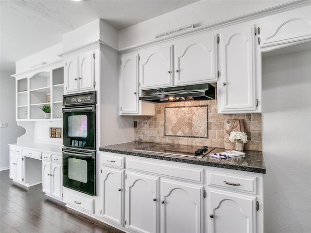 kitchen with open shelves, black appliances, white cabinets, under cabinet range hood, and backsplash